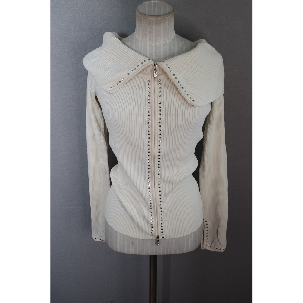 Cache Ribbed Zip Up Cardigan Small Cream Studded Off Shoulder Women Sweater Y2K